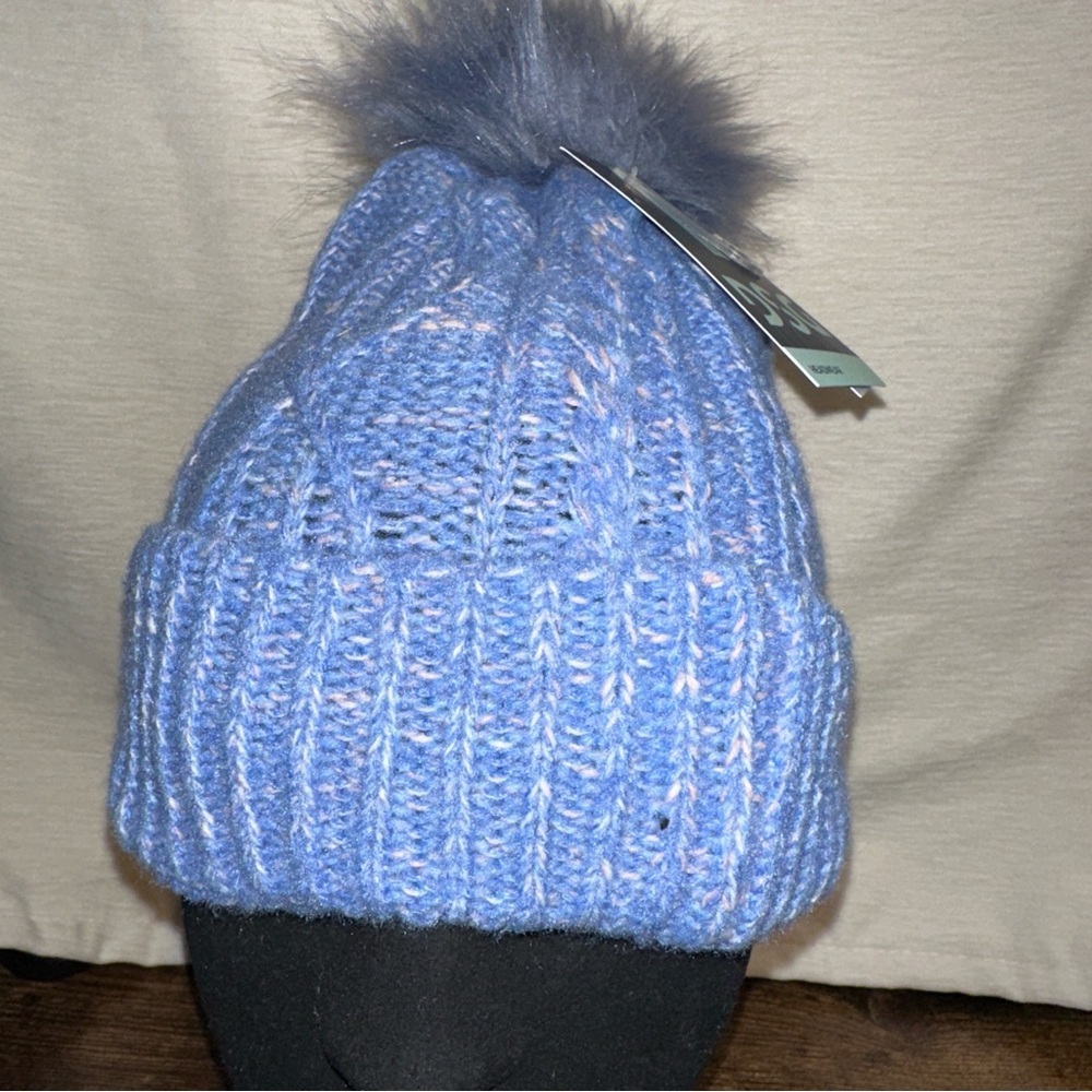 DSG Hat Girls OSFM Blue Melange Cable Knit Faux Fur Pom Pom Beanie Headwear NWT - Picture 3 of 5